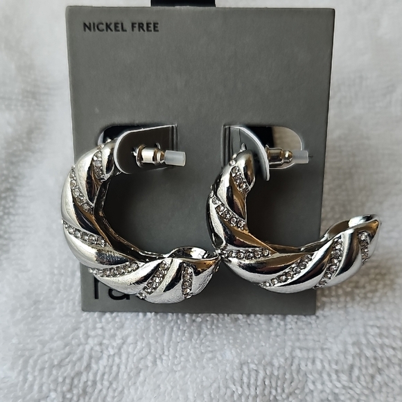 NEW Nordstrom Rack Pave Twisted Silver Hoop Earrings - Picture 4 of 8